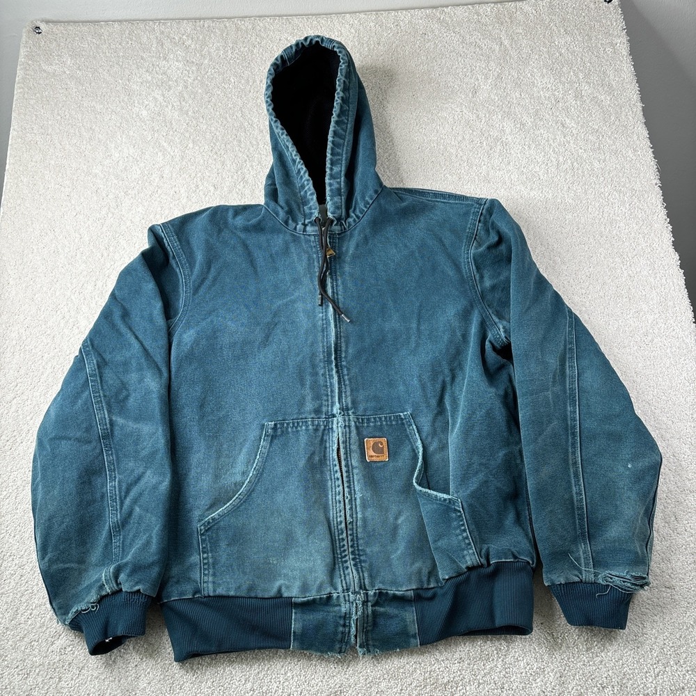 CARHARTT‎ J25 DTL Dark Teal Canvas Thermal Lined Hooded Work Jacket Medium VTG